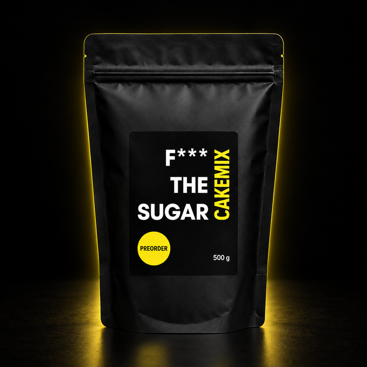 F*** THE SUGAR CakeMix – schwarzer Beutel mit gelbem Licht