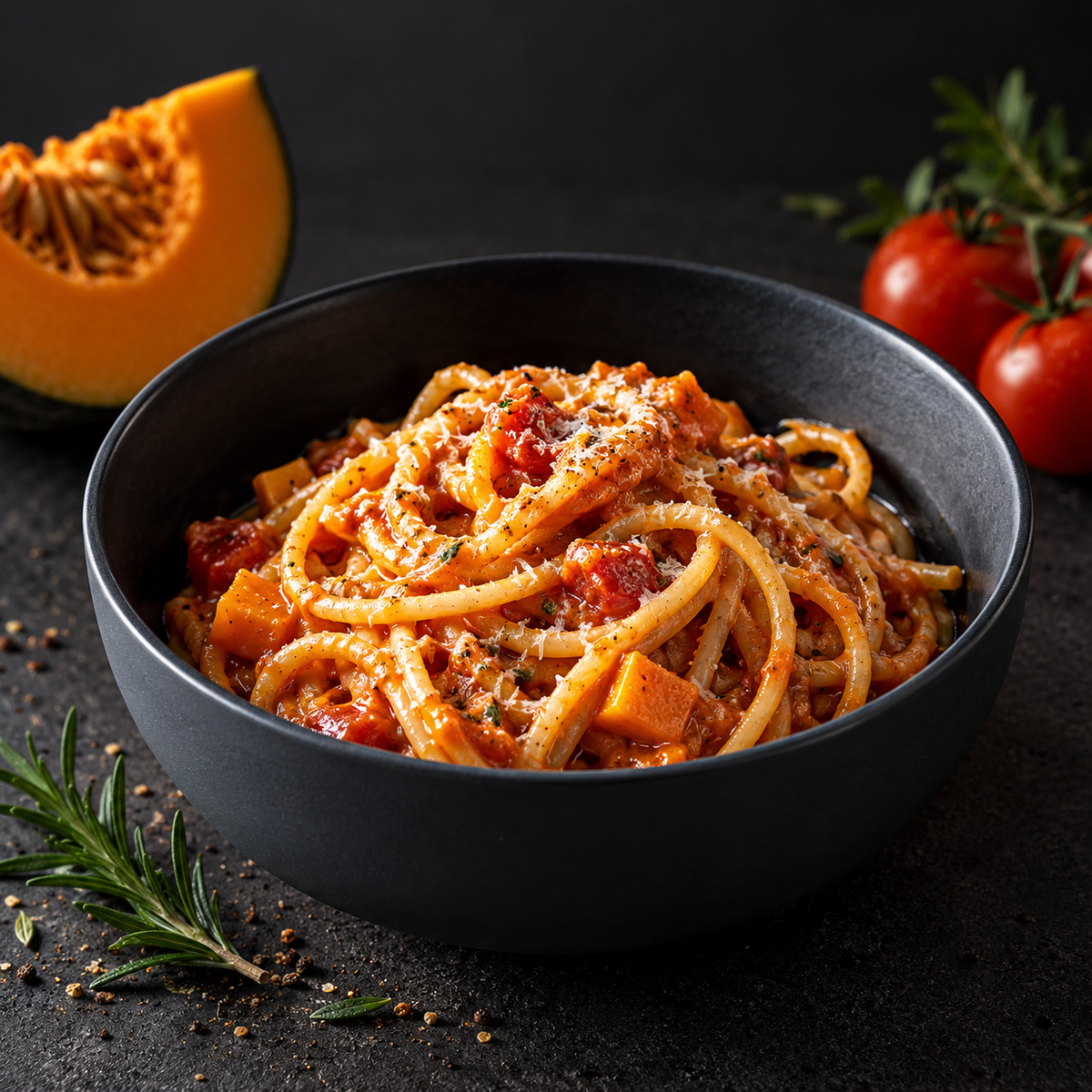 Kürbis-Tomaten-Sugo Circus mit Pasta im dunklen Food-Styling