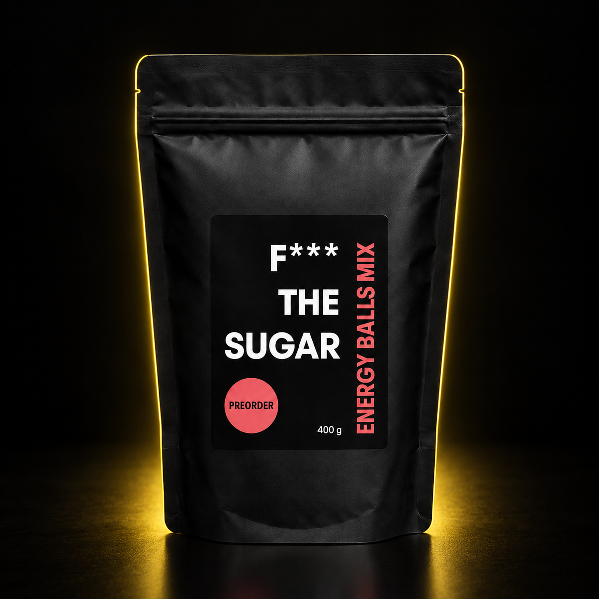 F*** THE SUGAR Energy Balls Mix – schwarzer Beutel mit gelbem Licht