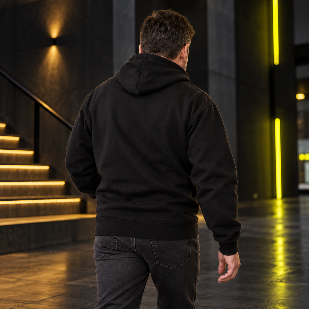 Schwarzer F THE SUGAR Hoodie in urbaner Lifestyle-Szene von hinten