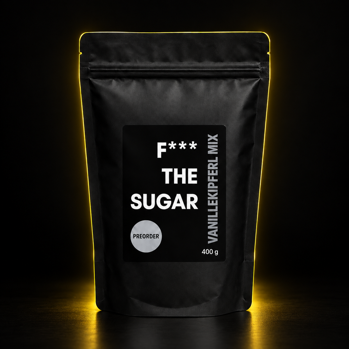 F*** THE SUGAR Vanillekipferl Mix – schwarzer Beutel mit gelbem Licht